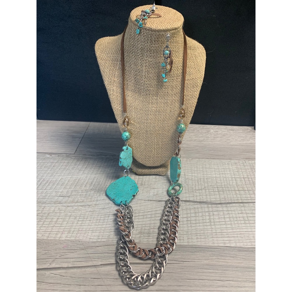 Boho Turquoise Leather Silver Chain Statement Necklace & Earring Set 32"
